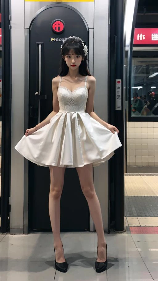 masterpiece,best quality,highres, 1girl,from below,brown hair,medium breasts,black eyes,wedding dress,roushi,high heels,legs,standing,subway station,night,looking at viewer, <lora:roushi:0.4>, <lora:jyy:0.6>