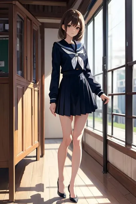 masterpiece,best quality,highres, 1girl,brown hair,medium breasts,black eyes,sailor suit,roushi,high heels,legs,standing,school playground,day,looking at viewer, <lora:roushi:0.4>,