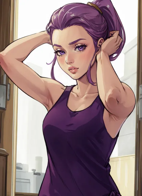 beautiful, (masterpiece:1.2), (high quality:1.2), pov,1girl, captainB, ponytail, arms up, tying hair, parted lips, loose purple tank top, sleeveless, confused, foreshortening, depth, <lora:betsy2-10:0.8>