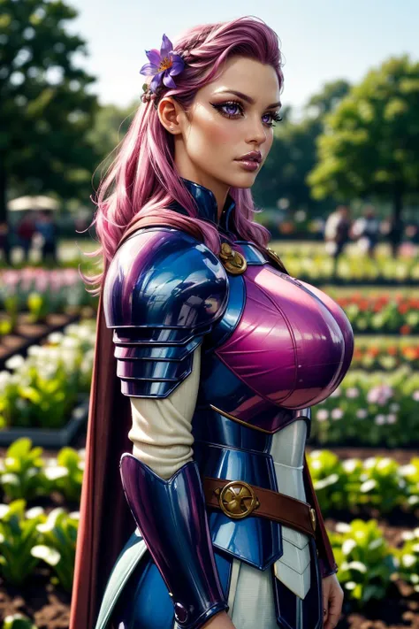 (ultra realistic,32k, masterpiece:1.2),(high detailed skin:1.1),( high quality:1.1),
<lora:betsy:0.7>(disappointed:1.1),(eyeliner,long lashes, mascara:1.1),purple eyes,pink hair, captainB,shoulder armor, breastplate, union jack, cape, hair flower, community garden, vegetable patches, blooming flowers, gardening (blurry background:1.1),,fighting stance pose, (huge breast,large breast:1.1),<lora:add_detail:0.78>,
(ambient lighting:1.1),