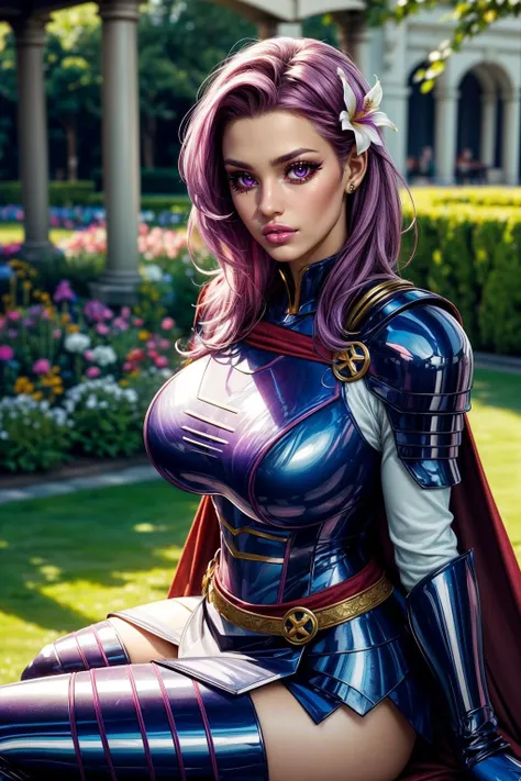 (ultra realistic,32k, masterpiece:1.2),(high detailed skin:1.1),( high quality:1.1),
<lora:betsy:0.7>(confused:1.1),(eyeliner,long lashes, mascara:1.1),purple eyes,pink hair, captainB,shoulder armor, breastplate, union jack, cape, hair flower, garden, blooming flowers, manicured lawns, fragrant (blurry background:1.1),,(looking at viewer, sitting:1.1),, (huge breast,large breast:1.1),<lora:add_detail:0.95>,
(iridescence:1.1),