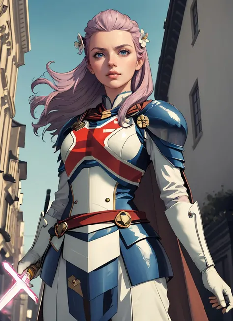 beautiful, (masterpiece:1.2), (best quality:1.2),pov, from below, 1girl, captainB, energy sword, shoulder armor, breastplate, union jack, cape, gloves, stoic, hair flower, looking at viewer, planted sword, foreshortening, depth, blurry background, <lora:betsy2-10:0.7>