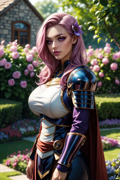 (ultra realistic,32k, masterpiece:1.2),(high detailed skin:1.1),( high quality:1.1),
<lora:betsy:0.7>(happy:1.1),(eyeliner,long lashes, mascara:1.1),purple eyes,pink hair, captainB,shoulder armor, breastplate, union jack, cape, hair flower, garden, blooming flowers, manicured lawns, fragrant (blurry background:1.1),,(looking at viewer, standing,:1.1),, (huge breast,large breast:1.1),<lora:add_detail:0.85>,
(dynamic lighting:1.1),