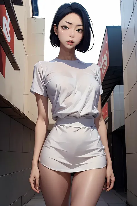 1girl, 独奏, White polo shirt, White sneakers, The best quality of sheer dresses, realisticlying, ultra - detailed, (shiny skins, :1.4), looking at viewert, with short black hair, with brown eye,slenderness,Dynamic light and shadow,A high resolution,Sharp focus,depth of fields,The eyes are delicate,Sharp pupils,pupil realistic,(smallunderboob:3,(Thigh thick:1.0),exteriors,Skysky