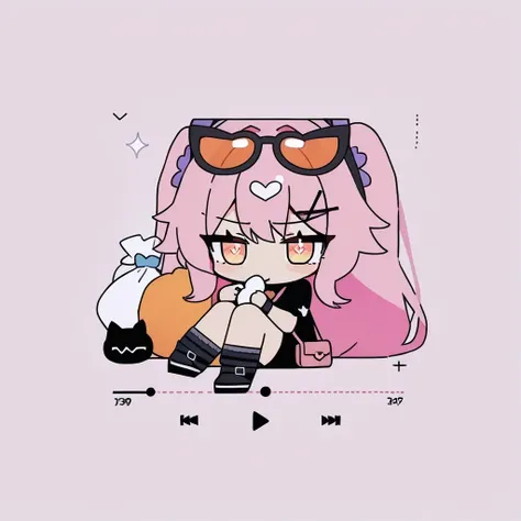 1girl, 
yumenouchi chiharu, sakura \(39ra\), tyakomes, henreader, baku-p, daizu \(melon-lemon\), 
rabbit hole
quan, two side up, heart, hair intakes, solo, sack, tinted eyewear, looking at viewer, blinking, orange-tinted eyewear, puffy sleeves, hair bobbles, hood, no nose, eyewear on head, sneakers, ahoge, heart-shaped pupils, socks, black socks, heart hair ornament, creature, symbol-shaped pupils, pink background, heart-shaped eyes, black cat, short sleeves, chibi, pink hair, pixel art, eyewear lift, pixel heart, shoes, bandaid, hood down, blue ribbon, puffy short sleeves, black hoodie, sparkle hair ornament, cat hood, leg warmers, footwear ribbon, blush stickers, rabbit, simple background, chibi inset, heart cutout, looking at animal, bowtie, animal hood, rabbit hood, purple ribbon, jaggy lines, hoodie, white headdress, shoulder bag, shoulder cutout, pink bag, white border, holding sack, 
masterpiece, newest, absurdres, safe
 <lora:rabbit_hole:1>