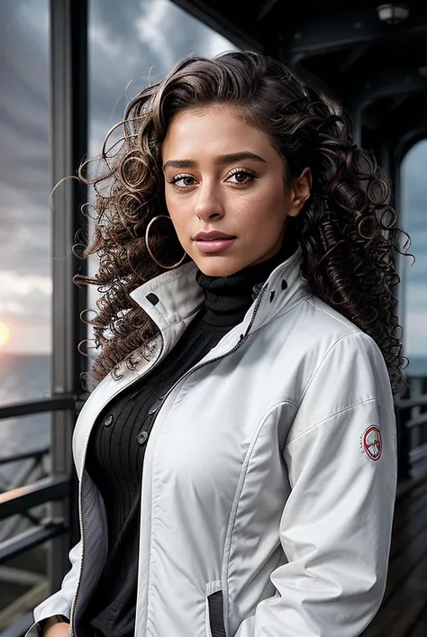 beautiful woman (Deb0r4G0m3s-420:.99), beautiful (curly hair:1.2), (on top of a lighthouse:1.1), elegant, windy, hair blowing in wind, wind lift, natural skin texture, (fashionable wind-breaker jacket), (turtleneck), sunset, cute smile, 24mm, 4k textures, soft cinematic light, adobe lightroom, photolab, hdr, intricate, elegant, highly detailed, sharp focus, ((((cinematic look)))), soothing tones, insane details, intricate details, hyperdetailed, low contrast, soft cinematic light, exposure blend, hdr, faded,