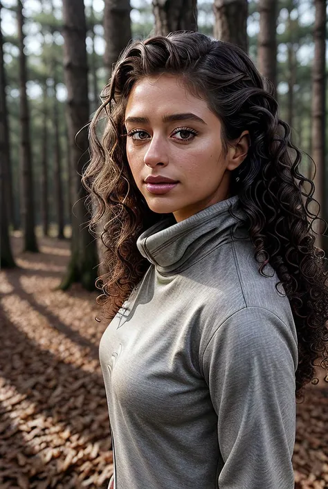 Brown haired girl, Latin American, wavy Curly hairs zu einem Zopf gebunden, soft green eyes, hiking on a mountain, wears tight sportswear, photorealistic style, high-contrast light, Maximum detail, cinematographic image, Maximum detail, professional lightning, Sony A7III-Camera, 50mm 1.8 lens, Curly hairs, Brown hair, smile, close up shot, cinematic lighting, textured skin, 8k, ​masterpiece, anatomically correct, textured skin, 16K
