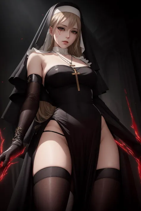 ultra realistic 8k cg, flawless, clean, masterpiece, professional artwork, famous artwork, cinematic lighting, cinematic bloom, perfect face, beautiful face, thighhighs, gloves, cross necklace, black gloves, side slit, nun, blood on dress, ((dynamic pose:1.4)), dramatic scene, cinematic lighting, creepy place, <lora:nun:0.8>