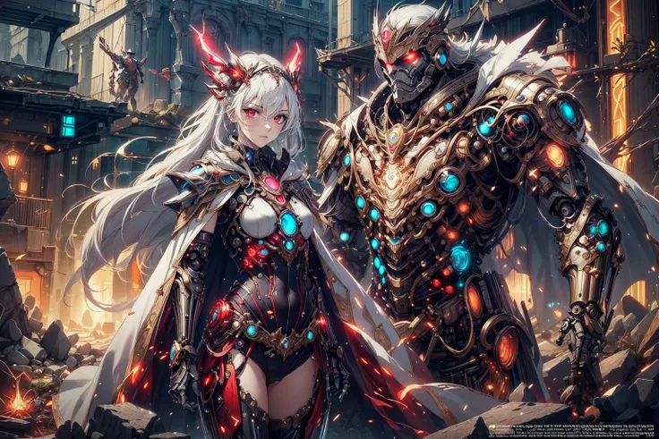 (official art, beautiful and aesthetic:1.2), (shining effect, radiant light:1.1), 1girl, solo, (science fiction:1.2), mechanical armor, magicarmor, mechanical arms, mechanical legs, mechanical parts, neon trim, white hair, long hair, red eyes, mechanical headpiece, cape, outdoors, rubble, cowboy shot, <lora:magicarmorai-000011:0.35>