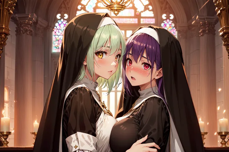 2 nun posing for a picture in bedroom, (black hair, red eye color), blushed face, nun outfit, big breast, (groping), hands on chest, sisters, girl, touching breasts, a picture by void_0, pixiv, anime girls, seductive smile, licking her own lips, (beautiful detailed eyes:1.6), extremely detailed face, perfect lighting, extremely detailed CG, (perfect hands, perfect anatomy).