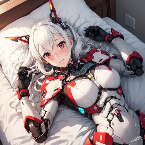 1girl, solo, mecha musume, mechanical armor, neon trim, white hair, red eyes, indoors, on bed, (lying:1.2), on back, embarrassed, blush, (from above:1.1),