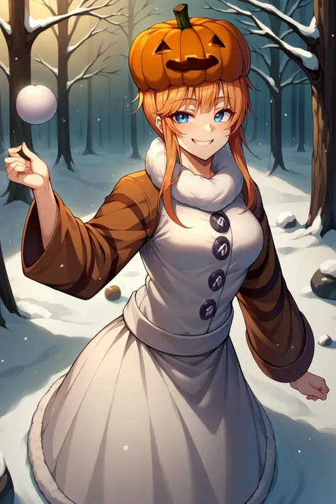 score_9, score_8_up, score_7_up, score_6_up, source_anime BREAK 1girl, solo  <lora:mcsnowgolem-pdxl-nvwls-v1-000005:1> sgolem, pumpkin hat, white coat, orange sleeves, white skirt, buttons, blue eyes, medium breasts, throwing ball, snowball, smug, smile, winter, forest