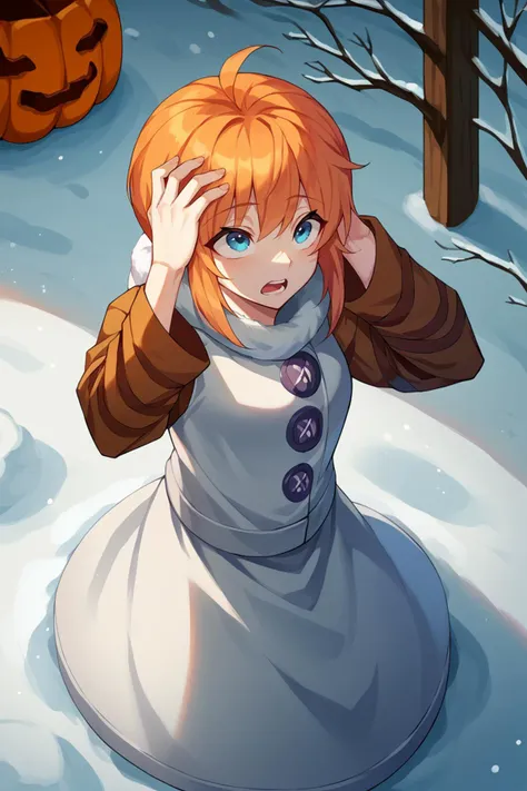 score_9, score_8_up, score_7_up, score_6_up, source_anime BREAK 1girl, solo  <lora:mcsnowgolem-pdxl-nvwls-v1-000005:1> sgolem, white coat, orange sleeves, white skirt, buttons, blue eyes, hands on own head, shocked, looking up, snow, winter, pumpkin on ground