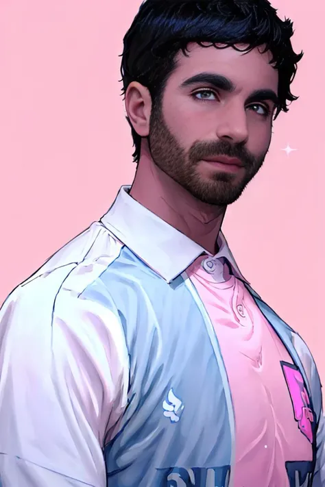 photo of roy person, male, man, masterpiece, blue soccer jersey, illustration, dark eyes,, masterpiece, best quality, male focus, magic clouds, lovely sky, black hair, (pink pastel background:1.2), extremely detailed face, Shining white particles <lora:RoytheKent:1> masterpiece, high def, colored, vibrant, cinematic composition, intricate details, highly detailed, 8k,