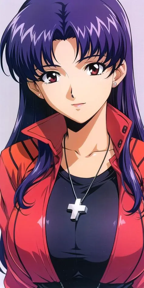 <lora:Katsuragi_MisatoV5:0.6> katsuragi_misato, huge_breasts, standing, solo, Misato_cross_necklace, red_jacket, masterpiece, best quality, detailed face, detailed eyes, highres,