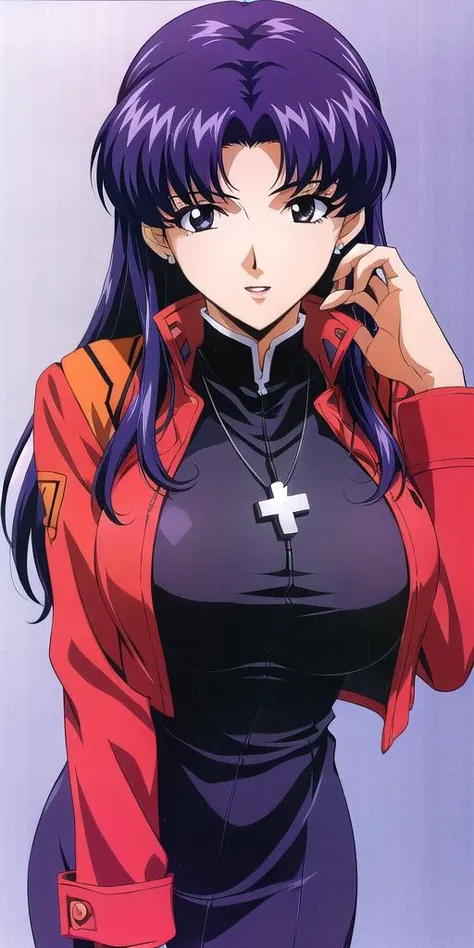 <lora:Katsuragi_MisatoV4:0.6> katsuragi_misato, huge_breasts, standing, solo, Misato_cross_necklace, black_pencil_dress_high_collar_red_jacket, masterpiece, best quality, detailed face, detailed eyes, highres,