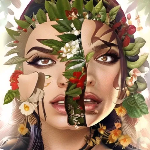 1girl,solo,flower,parted lips,brown eyes,portrait,realistic,leaf,lips,brown hair,looking at viewer,jewelry,white flower,earrings,nose,red flower,plant,hand up,teeth,long hair,black hair,eyelashes,<lora:flowerfemale-000005:1>,