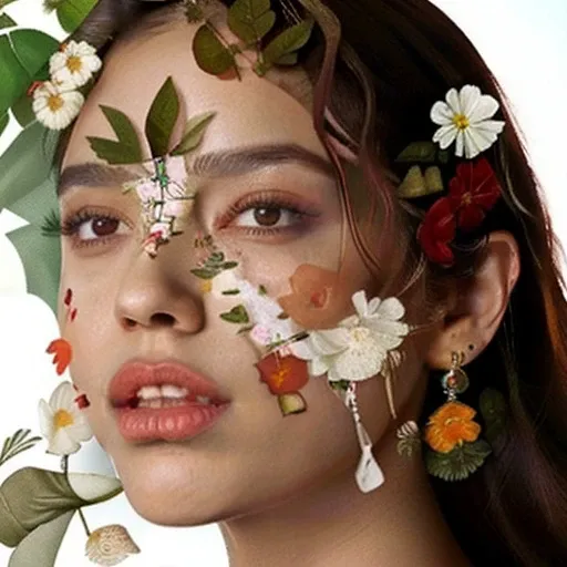 1girl,solo,flower,parted lips,brown eyes,portrait,realistic,leaf,lips,brown hair,looking at viewer,jewelry,white flower,earrings,nose,red flower,plant,hand up,teeth,long hair,black hair,eyelashes,<lora:flowerfemale-000005:1>,