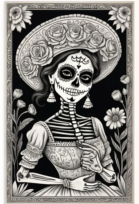 Dansemacabre black and white highly detailed line art illustrating a day of the dead card with a smiling cute mexican girl in traditional white skull facepaint holding out a hand to the viewer as an invitation to the afterlife. Border of various native marigolds entwined into a complicated mmexican pattern. This card was printed by hand-pressed woodcut in a dansemacabre style.
<lora:DanseMacabre:0.75>,
<lora:CuteLora:0.60>,