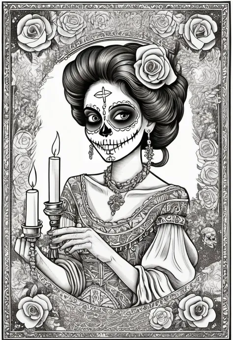 1girl, anime Dansemacabre black and white highly detailed line art illustrating a day of the dead card with a smiling cute mexican girl in traditional white skull facepaint holding out a hand to the viewer as an invitation to the afterlife. Border of various native Flor de Muerto winding around lit candles in a complicated pattern. This card was printed by hand-pressed woodcut in a printing press.
<lora:DanseMacabre:0.75>,
<lora:CuteLora:0.60>,