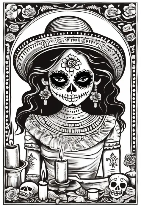 cartoon, cute Dansemacabre black and white highly detailed line art illustrating a day of the dead card with a smiling cute mexican girl in traditional white skull facepaint holding out a hand to the viewer as an invitation to the afterlife. Border of various native Flor de Muerto winding around lit candles in a complicated pattern. This card was printed by hand-pressed woodcut in a printing press.
<lora:DanseMacabre:0.75>,
<lora:CuteLora:0.60>,