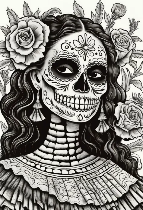 pores, realistic Dansemacabre black and white highly detailed line art illustrating a day of the dead card with a smiling cute mexican girl in traditional white skull facepaint holding out a hand to the viewer as an invitation to the afterlife. Border of various native marigolds entwined into a complicated mmexican pattern. This card was printed by hand-pressed woodcut in a dansemacabre style.
<lora:DanseMacabre:0.85>,
<lora:CuteLora:0.60>,