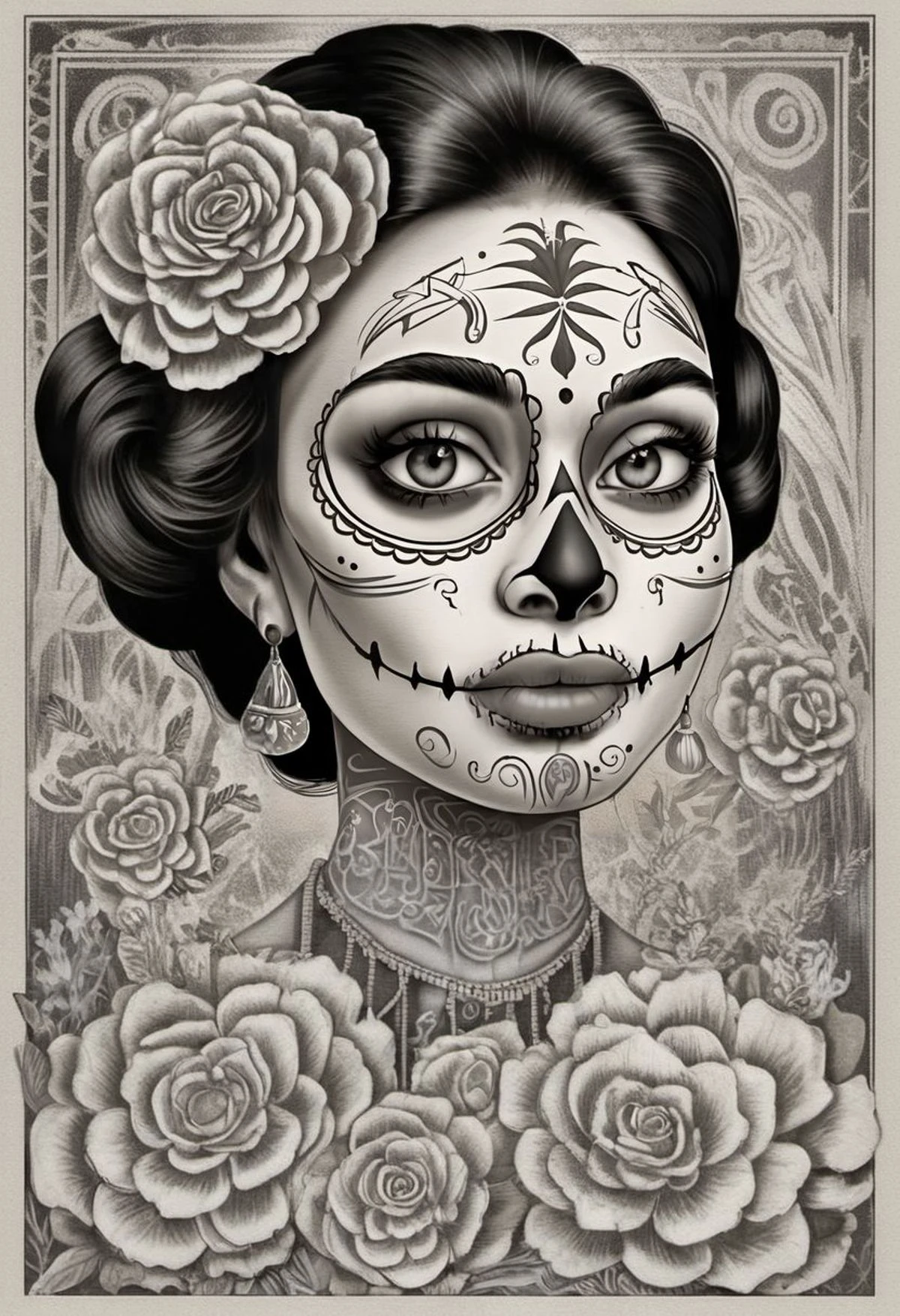 Dansemacabre black and white highly detailed line art illustrating a day of the dead card with a smiling cute mexican girl in traditional white skull facepaint holding out a hand to the viewer as an invitation to the afterlife. Border of various native Flor de Muerto winding around lit candles in a complicated pattern. This card was printed by hand-pressed woodcut in a printing press.
<lora:DanseMacabre:0.75>,
<lora:CuteLora:0.60>,