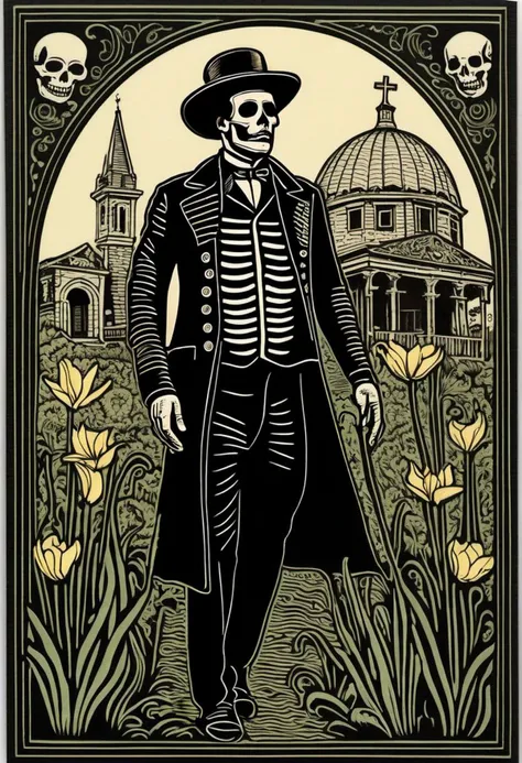 Dansemacabre ink on cardstock highly detailed woodcut relief of a day of the dead card close up on Patrick McGoohan as The Prisoner in his 1960's black suit with white piping with the verdigris dome and steeple of Portmeirion Village behind one shoulder.
Border of Portmerion's Welsh Daffodils winding around the card border. This card was printed by hand-pressed woodcut relief and we can see where the ink did not fully adhere.
At the bottom of the card is the letterset text: "I am not a number, I am a free man!"
<lora:dansemacabre:1.50>,