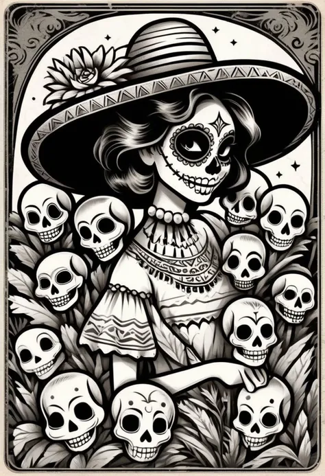 animal, pokemon, LUT, hybrid Dansemacabre black and white highly detailed line art illustrating a day of the dead card with a smiling cute mexican girl in traditional white skull facepaint holding out a hand to the viewer as an invitation to the afterlife. Border of various native marigolds entwined into a complicated pattern. This card was printed by hand-pressed woodcut in a printing press.
<lora:DanseMacabre:0.75>,
<lora:CuteLora:0.60>,