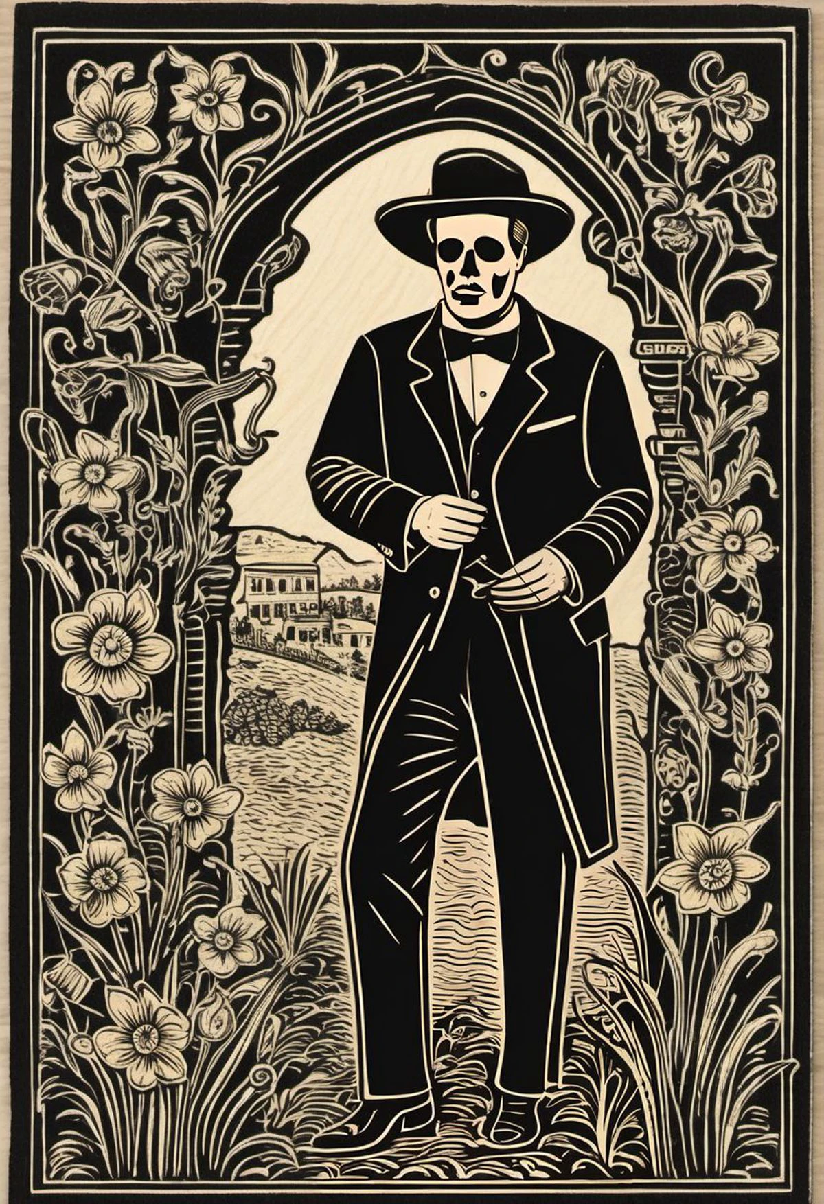 Dansemacabre ink on cardstock highly detailed woodcut relief of a day of the dead card with Patrick McGoohan as The Prisoner in his 1960's black suit with white piping situated in Portmeirion Village.
Border of various mexican Flor de Muerto contrasting with Portmerion's Welsh Daffodils winding around the card border. The card border plays with motifs of the number "6" as part of the negative space for the flowers. This card was printed by hand-pressed woodcut relief and we can see where the ink did not fully adhere.
<lora:dansemacabre:1.50>,