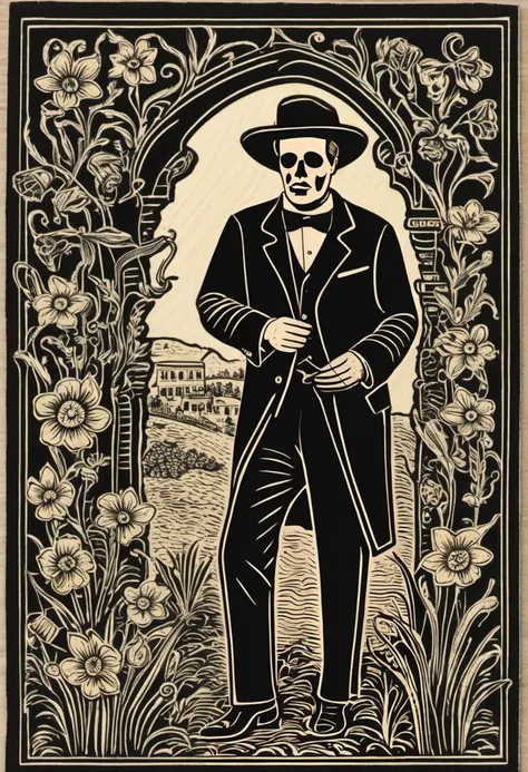 Dansemacabre ink on cardstock highly detailed woodcut relief of a day of the dead card with Patrick McGoohan as The Prisoner in his 1960's black suit with white piping situated in Portmeirion Village.
  Border of various mexican Flor de Muerto contrasting with Portmerion's Welsh Daffodils winding around the card border. The card border plays with motifs of the number "6" as part of the negative space for the flowers. This card was printed by hand-pressed woodcut relief and we can see where the ink did not fully adhere.
<lora:dansemacabre:1.50>,