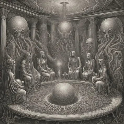 <lora:DanseMacabre:1.00>, sororoity sisters dared into being cultists. univeristy co-eds performing a successful ritual summoning of Yog-Sothoth (The being is said to take the form of a conglomeration of glowing spheres, the favour of Yog-Sothoth requires eternal servitude), inspired by Lovecraft, drawn by Giger, 2020s sorority basement, highly detailed, realistic, cute undergraduates (20 years old, perky breasts, college students, latex), occult summoning circle (chalk signs, occult symbols)