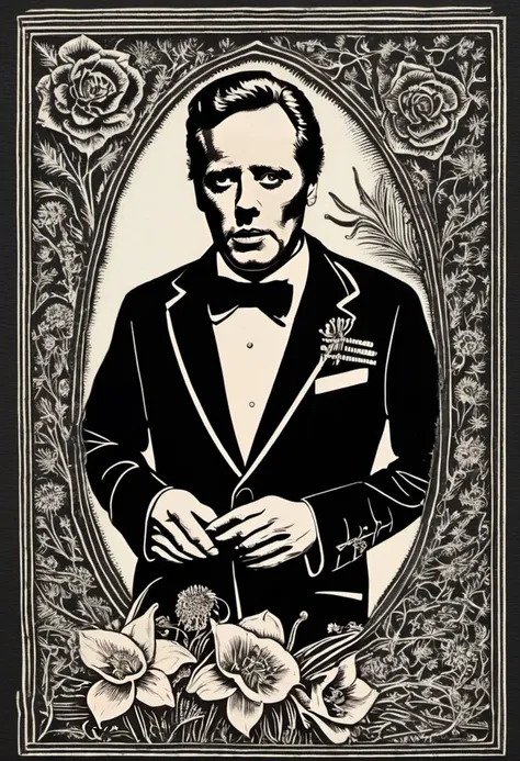 Dansemacabre black and white highly detailed woodcut relief of a day of the dead card with a close up portrait of Patrick McGoohan as The Prisoner in his 1960's black suit with white piping situated in Portmeirion Village.
  Border of various mexican Flor de Muerto contrasting with Portmerion's Welsh Daffodils winding around the card border. This card was printed by hand-pressed woodcut relief in a printing press and we can see where the ink did not fully adhere.
<lora:dansemacabre:1.50>,