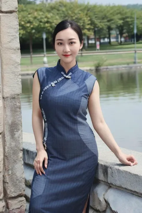 (masterpiece, a gorgeous lady,  18, wearing Sky-blue traditional Qipao, Black CheongSam, relaxing on the porch, overlooking Swiss Alps, cool morning with Sun Rise, dimpled smile, short bob hair, ponytail, cute snaggleteeth, well-endowed round bosom, smooth porcelain skin, detailed face, beautiful detailed eyes, photorealistic, hyper-realism, high contrast, ultra HD, realistic skin texture, top image quality, top-quality, super high resolution, fine details, very meticulously, bokeh background, head to thigh, hip focus)