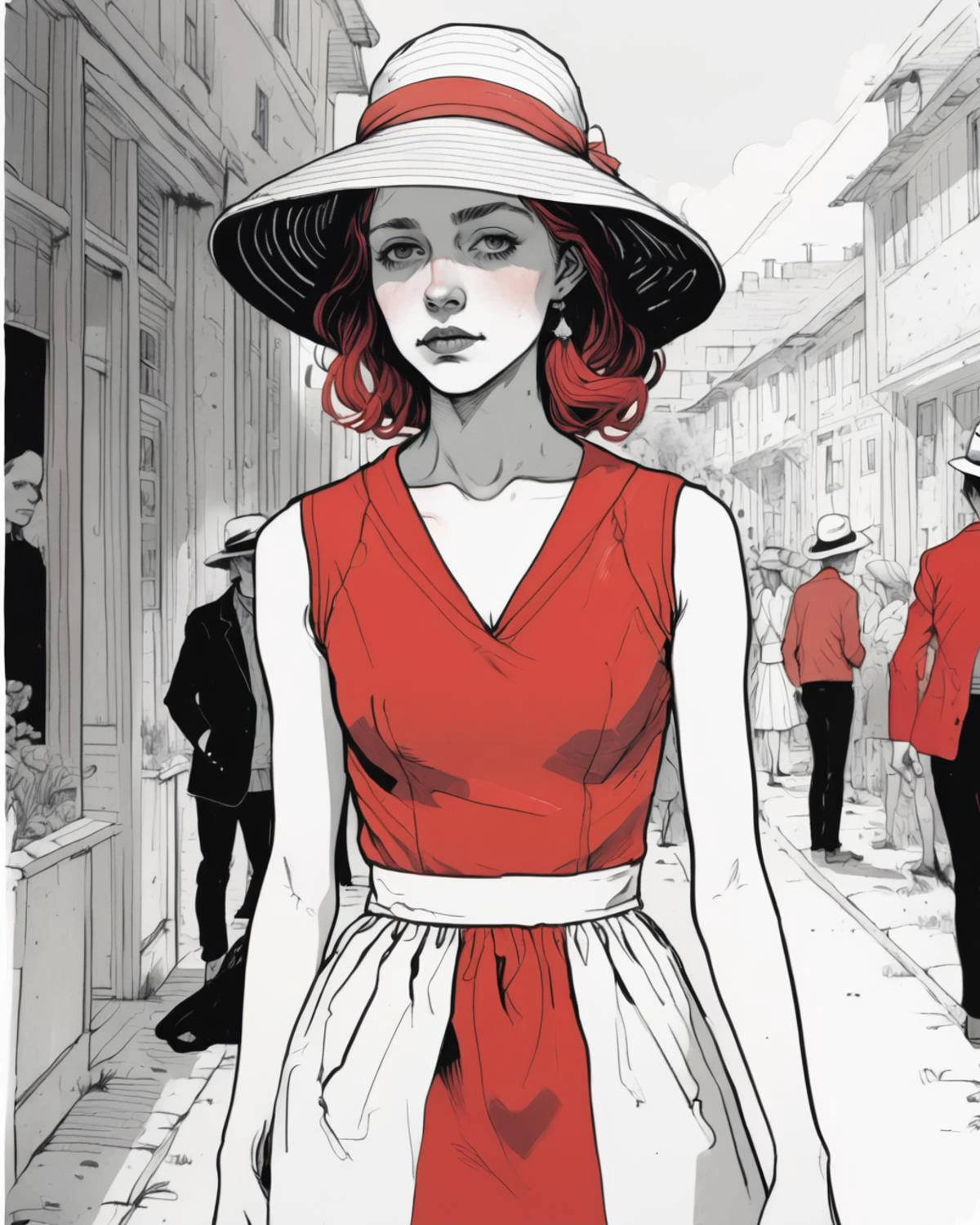 a woman in a red and white dress and a hat<lora:Soulful_Aesthetics_sdxl:1.0>