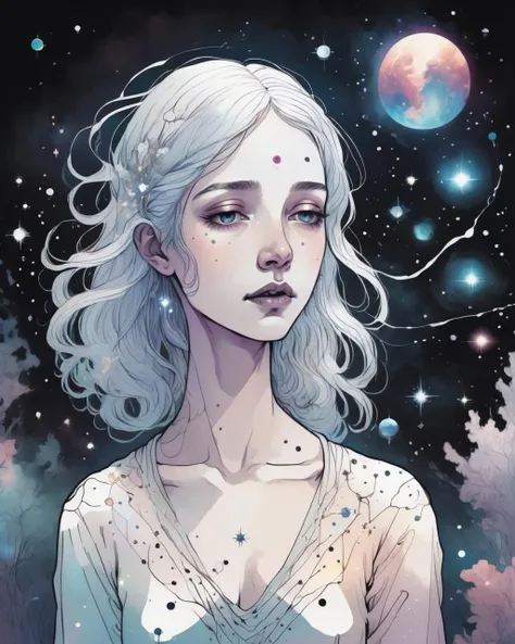 An ethereal celestial being, adorned with shimmering constellations, floating in the vastness of space, captured in a mesmerizing digital painting that captures the celestial beauty of the cosmos. <lora:Soulful_Aesthetics_sdxl:1.0>