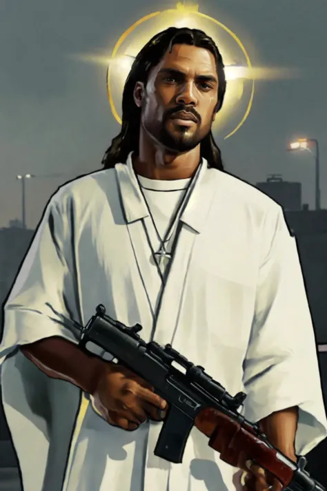 closeup gta san andreas portrait painting, <lora:gtasanandreas-style-richy-v1:.9>  Jesus Christ with a halo, in white robes holding an smg,  Hollywood LA in the background