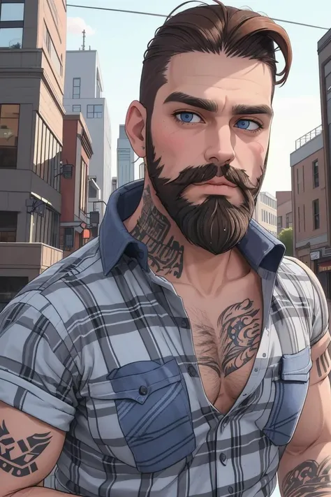 a mature male, brown hair, hipster hair, side shaved hair, muscular, very tall, green eyes, upper body figure, bearded, hipster beard, looks viewer, flannel shirts, open shirts, tattoo all over his body, abstract tattoo, chest tattoo, belly tattoo, neck tattoo, best quality, masterpiece, bright day, park