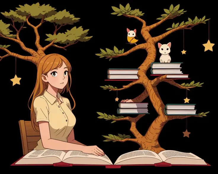 1girl on a book, tree, black background