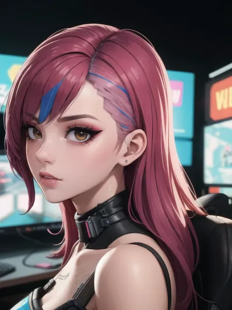 amazingly detailed, masterpiece, ultra hd, full shot, dynamic angle, beautiful girl, computer gamer, gaming computer, gaming chair, playing cyberpunk 2077, neon bedroom, streamer setup, (korean:0.3, european:, celtic:0.4), cyberpunk theme, wild long hair, Wavy Cut with Curtain Bangs, bubblegum pink hair, high detail hair, smokey eye shadow, high detail skin, high detail eyes, seductive eyes, smokey makeup, slender body, toned body, perfect face, slim athletic body, (perky small breasts:0.75), (cold attitude, eyeshadow, eyeliner:1. 6), vibrant colors, beautiful, dramatic lighting, shallow depth of field, Ultra-realistic, focused shot, (epic composition, epic proportion),