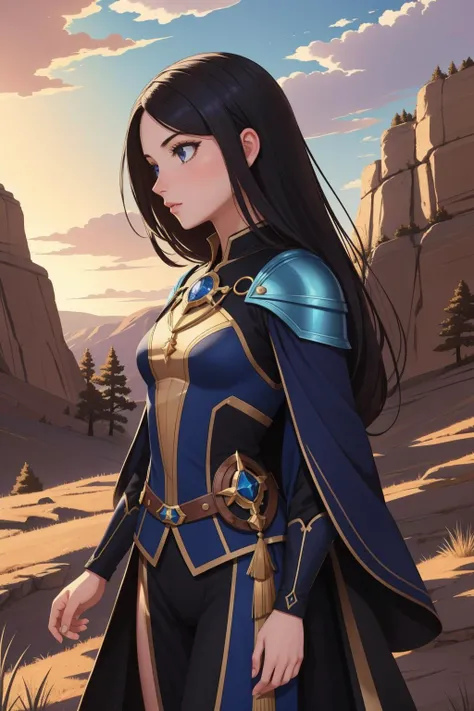 1girl, (stylized by Gianni Strino:0.8) , dark Physically based render, concept art, profile of a ([Millipede|Aasimar]:1.3) , the Millipede is very Private Press and [1970'S|Exquisite], Natural The Bandelier National Monument in background, desolate grass with Petunia, Fall, Sharp and in focus, Illustration, Fantasy, Animecore, dramatic lighting, Low shutter, One Color, arcane, dark blue flakes, 4K, lots of details, D&D