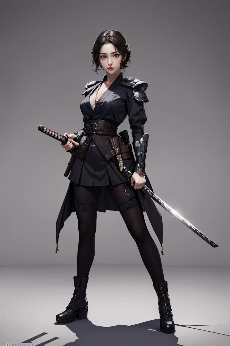 (masterpiece, best quality, 8k, RAW photo, beautiful and aesthetic:1.2), complex detail, Indirect light, photorealistic,
((woman:1.8)), full body, 1girl, solo, simple background,
<lora:FAPoses2_2:1>female action poses, holding sword,