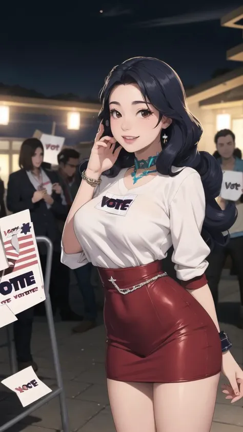 Best quality, high detail, ultra high resolution, true skin texture, original photo, highly realistic, night, dark shadow, low profile, cold light, an oriental girl, with a sign that says (vote copax:1.9), exquisite facial features, smile, white teeth, thin chain decoration, light color sweater, bust, breast beauty, hot figure, long and long hair, fluffy big wavy hairstyle, a lot of hair covering the chest, long legs, side, look at the camera. Full-body lens, depth of field, panoramic view., full body,