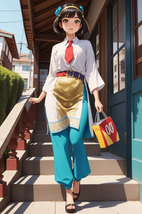 1girl, [ (art nouveau art by Edmund Dulac:1.0) and (Euan Uglow:1.3) ::18], studio Redshift render, intricate details, Sharp focus of a Britpop Delicious muscular Peruvian (Girl:1.3) , she is Walking down a stairs, - Himalayan Cat hybrid, she is looking away, the Girl has Tapered eyebrows, triangle shaped face, dressed in a very [Psychadelic|Baggy] Nightshirt and leggings inspired by McDonalds, her hair is Golden Age and styled as Caesar cut, the Girl has a Eclectic Islamic fluorescent Tie, Wallet, crowded city street and hillside, Winter, split diopter, Contemporary, Cosy, Tonalism, Sun Rays, Low shutter, Hypersaturated, Zentangle, silhouette, natural skin tones, detailed face, "Say my name, you know who I am.", extremely beautiful, trending on artstation