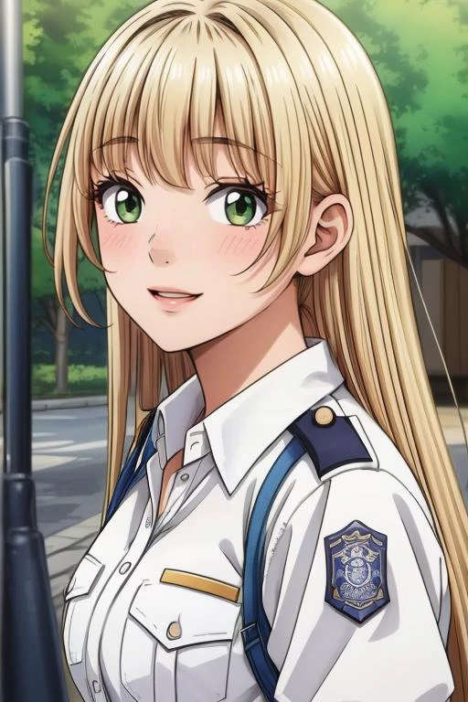 (an illustration of a teenage girl posing,dramatic_scene,happy_expression,(an illustration of girl, girl)),(multiple view manuscript),magazine_illustration,((Police Uniform: Includes a uniform shirt, pants, belt, and accessories, often reflecting authority.:1.5):0.65),flat chest,detailed image,8k high quality detailed,,(,towa, long hair, blonde hair, green eyes,round face),<lora:more_details:0.5>,<lora:Noel_Izumi:0.6>