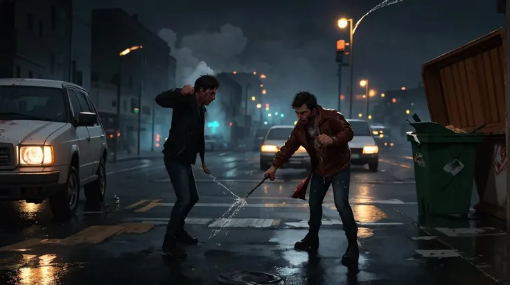 Nighttime, Riot, burning dumpster, dark night, smoke, crowd of angry men,, Epic composition, dynamic pose, (masterpiece, best quality), 2boy, 30 year old, chav, rough, dirty, mean, bully, druggie, two boys fist fighting, blood splatter, (streets), rain splashing raindrops puddles, realistic, dramatic lighting, atmospheric, intricate detail, Photorealistic, hyperdetailed, life-like, sharp focus, ((detailed realistic skin, life-like detailed realistic face)),
