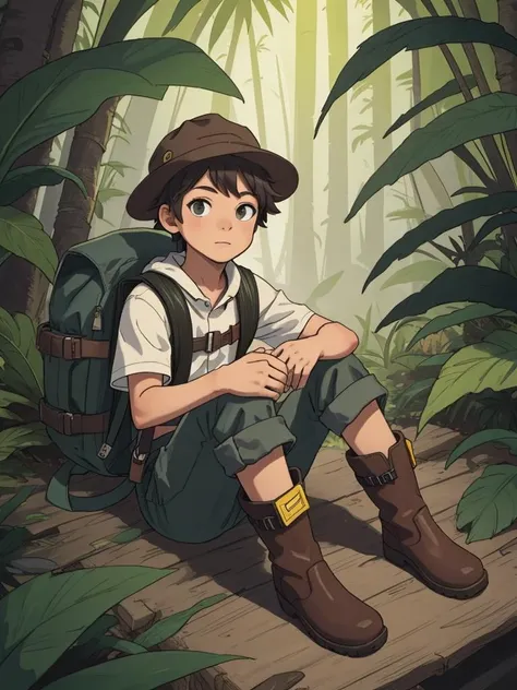 (masterpiece, best quality), 1boy, explorer, jungle, sitting, boots, hat, backpack