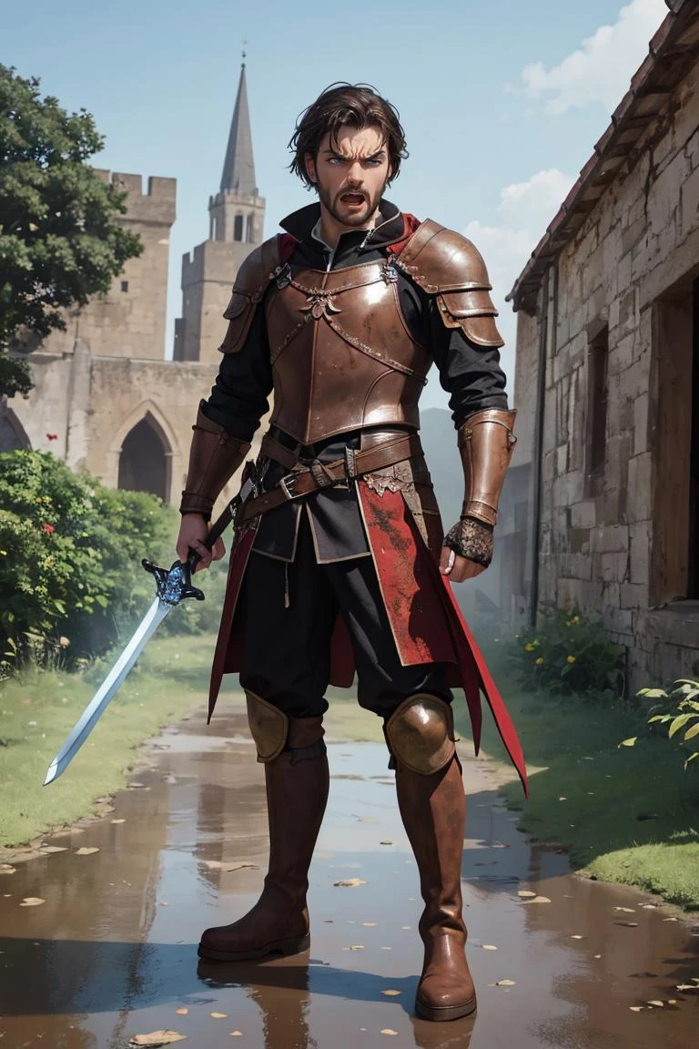 (masterpiece, best quality), a full body dynamic pose, cinematic shot, combat, photo of a (shouting masculine man, (short dark hair), angry facial expression stubble:1.2) futuristic red/black armor (muddy leather boots, tightly gripping swinging longsword:1.1),
BREAK
muddy path through a ruined medieval town , distant castle in the background, (extremely detailed CG unity 8k wallpaper), photo of the most beautiful artwork in the world, professional photorealistic picture, trending on ArtStation, trending on CGSociety, Intricate, High Detail, Sharp focus, dramatic, photorealistic painting art by midjourney looking at viewer, detailed eyes, (perfect eyes) ((detailed realistic skin, life-like detailed realistic face)), fantasy,