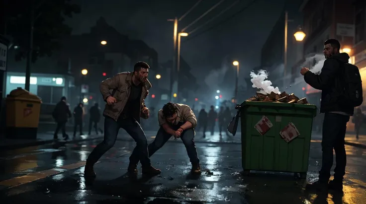 Nighttime, Riot, burning dumpster, dark night, smoke, crowd of angry men,, Epic composition, dynamic pose, (masterpiece, best quality), 2boy, 30 year old, chav, rough, dirty, mean, bully, druggie, two boys fist fighting, blood splatter, (streets), rain splashing raindrops puddles, realistic, dramatic lighting, atmospheric, intricate detail, Photorealistic, hyperdetailed, life-like, sharp focus, ((detailed realistic skin, life-like detailed realistic face)),