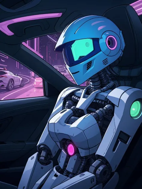 (best quality, masterpiece), 1girl, robotic, mechanical arms, neon lights, helmet, visor down,scenery, car,